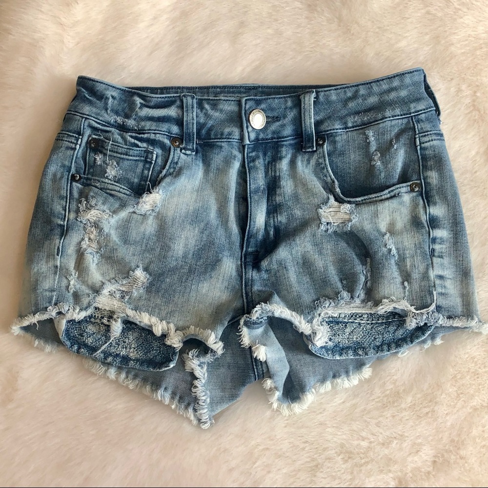 ⭐️ American Eagle High Rise Distressed Shortie Jean Denim Shorts Size 2 - Picture 2 of 14